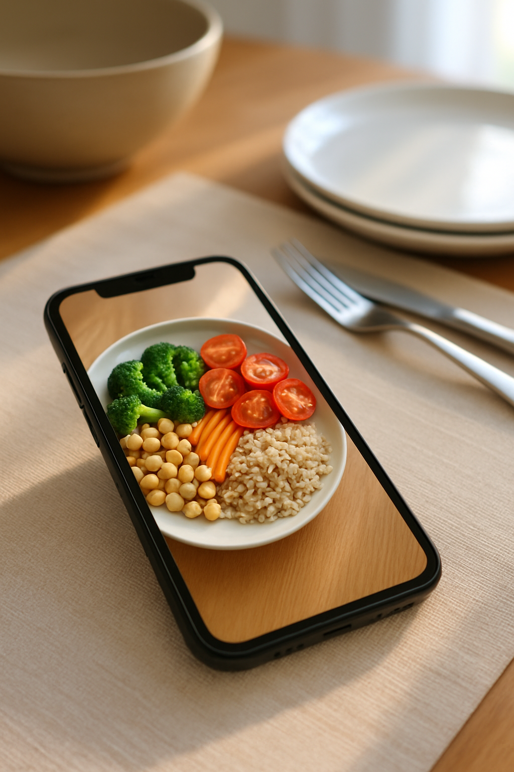 A smartphone displaying the SnapEat AI food recognition app analyzing a healthy meal of salmon, quinoa, and vegetables.