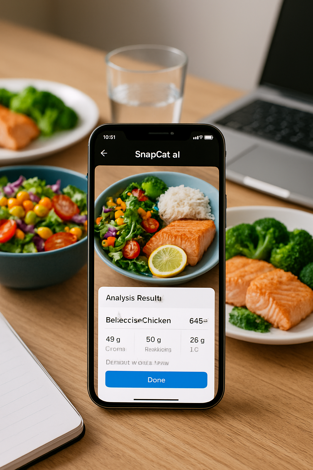 A smartphone screen showing the SnapEat AI app analyzing a photo of a healthy meal with nutritional data overlays.