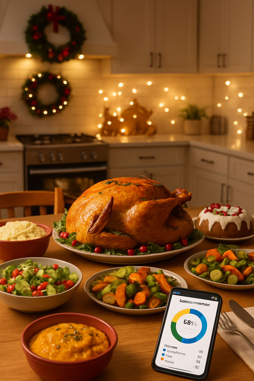 A smartphone displaying the SnapEat AI app analyzing a festive plate of Christmas dinner, including turkey and side dishes.