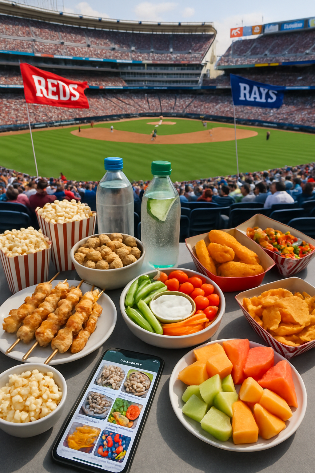 A healthy grilled chicken salad with a phone showing the SnapEat AI app, illustrating a smart choice for game day nutrition.