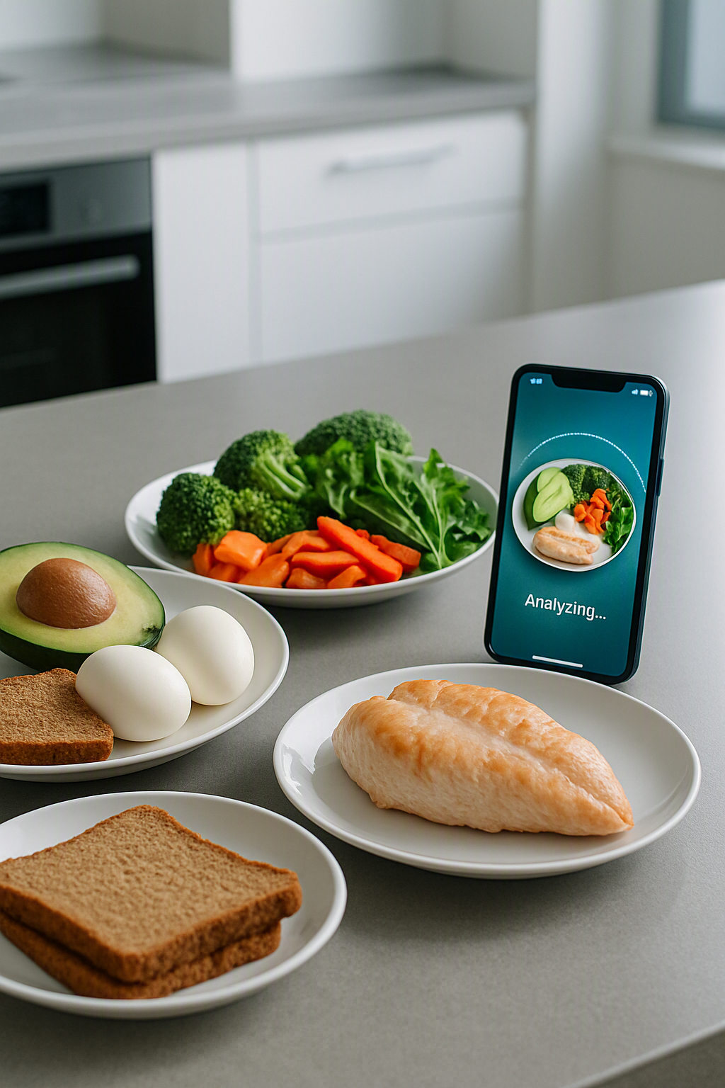 A smartphone using the SnapEat AI app to analyze a meal with its food recognition API, demonstrating smart calorie tracking.