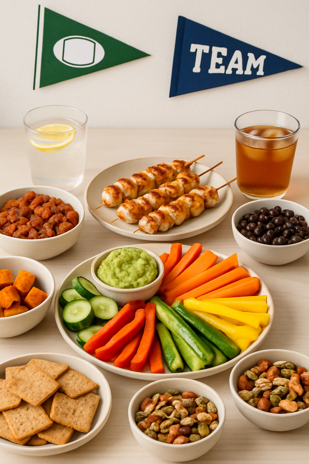 A healthy game day nutrition spread with bowls of chili, guacamole, and fresh vegetable sticks, perfect for watching a soccer match.