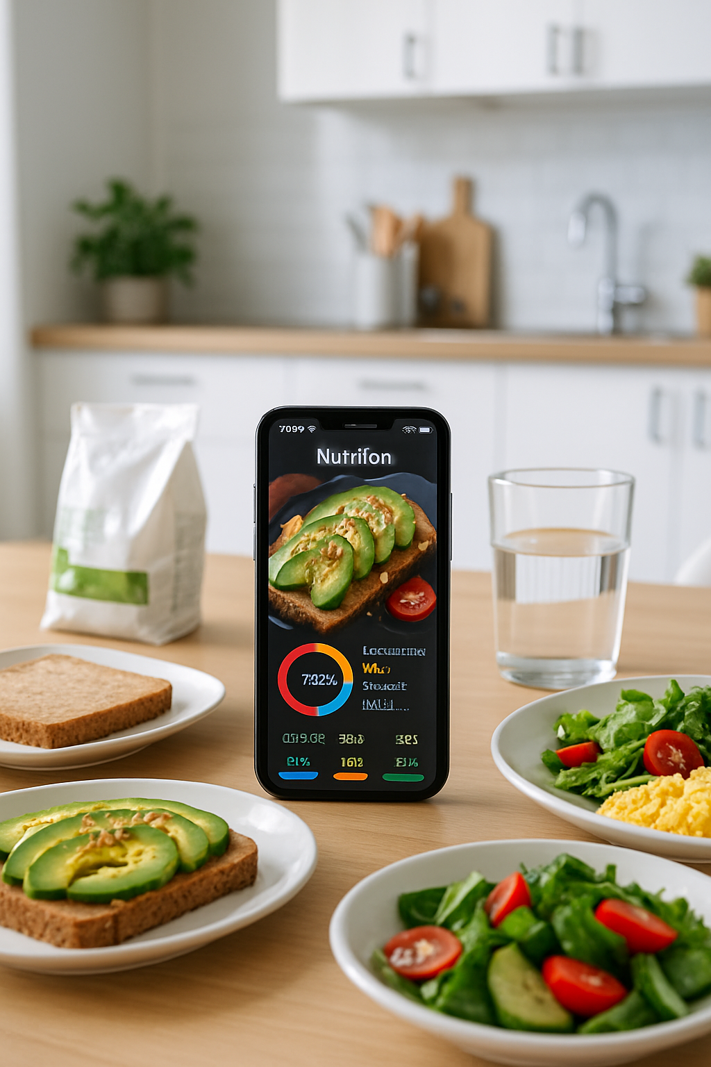 A smartphone showing the Quick Foodlog app analyzing a photo of a nutritious meal with fruits and grains.