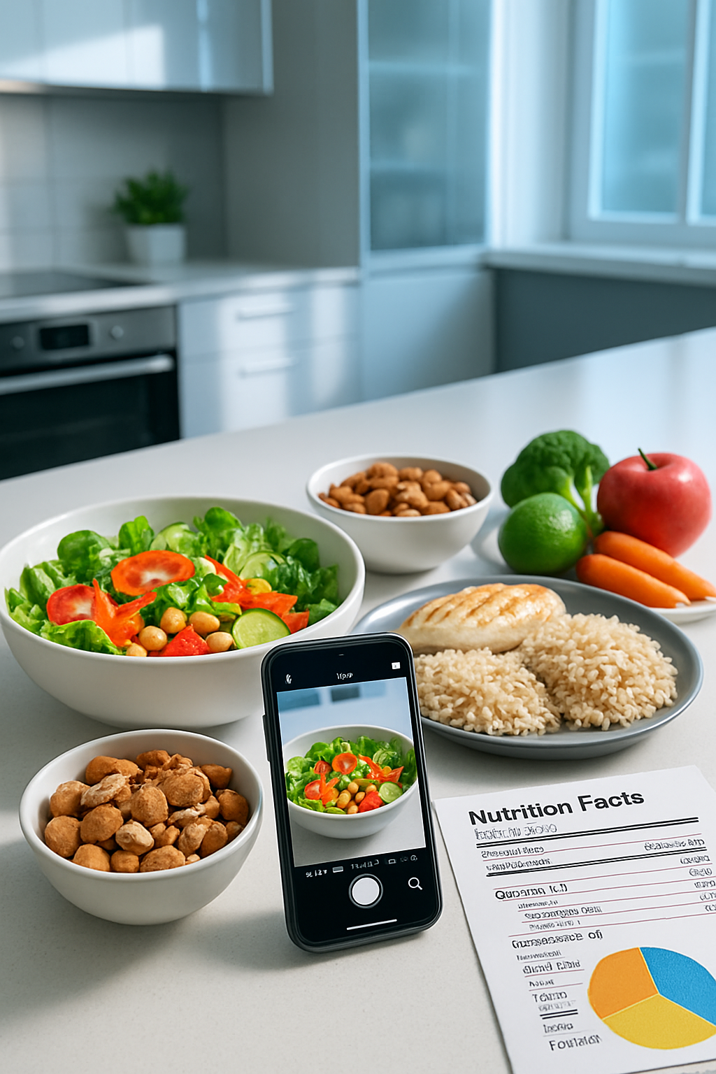 A smartphone displaying the SnapEat AI app interface analyzing a photo of a healthy meal, demonstrating its use as an AI nutrition coach.