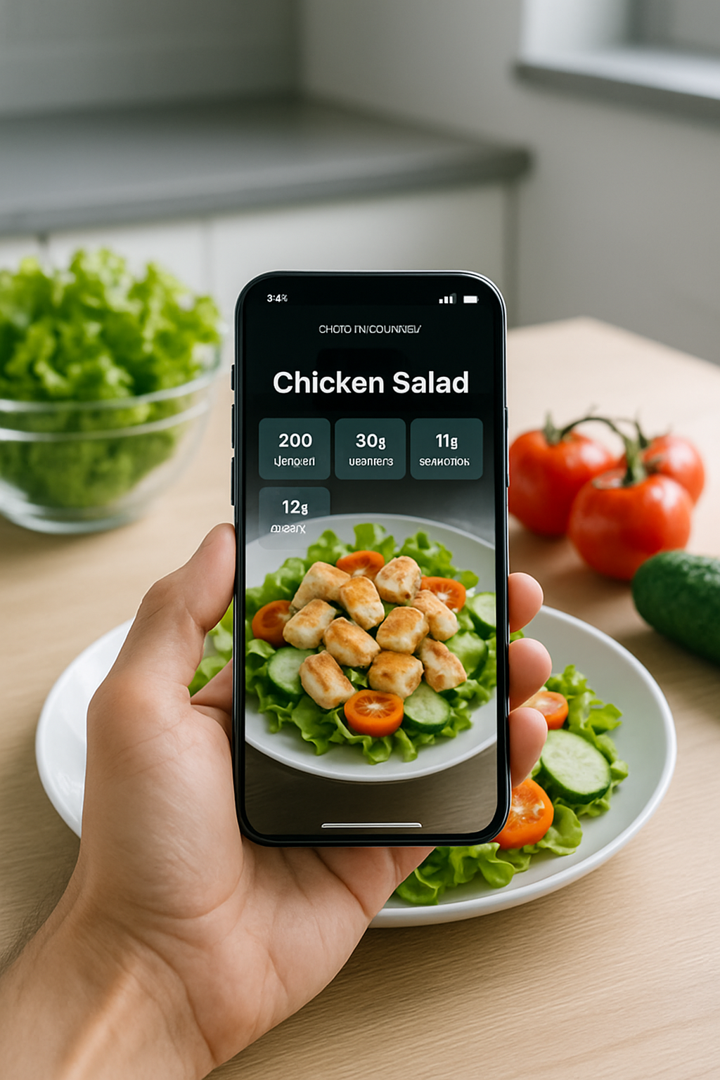 A user taking a picture of a healthy meal with the SnapEat AI food recognition app to track calories and macros effortlessly.