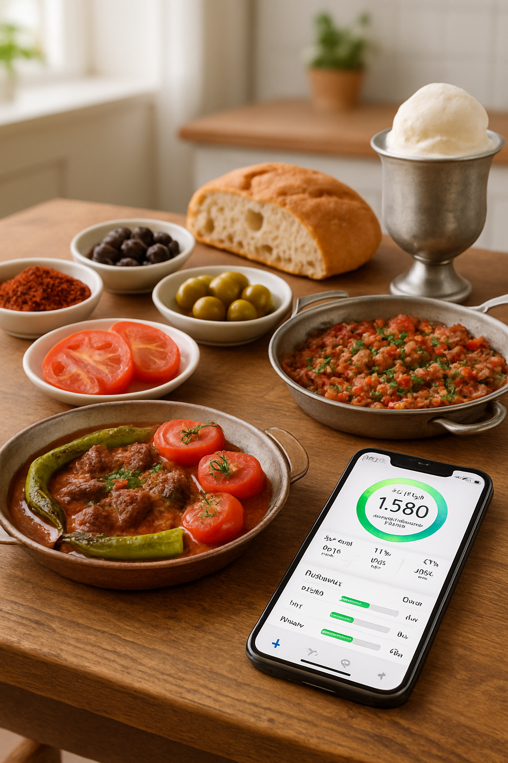 A person using the SnapEat AI app on their phone to track the calories of a traditional Kahramanmaraş food plate.