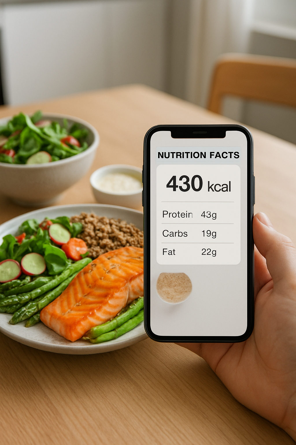 A smartphone displaying the SnapEat AI app interface, which has identified and analyzed a plate of salmon, asparagus, and quinoa from a photo.