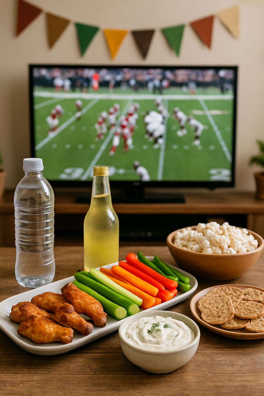 A healthy game day food spread with veggie sticks, hummus, and baked chicken wings, with a phone showing the SnapEat AI app tracking the meal.