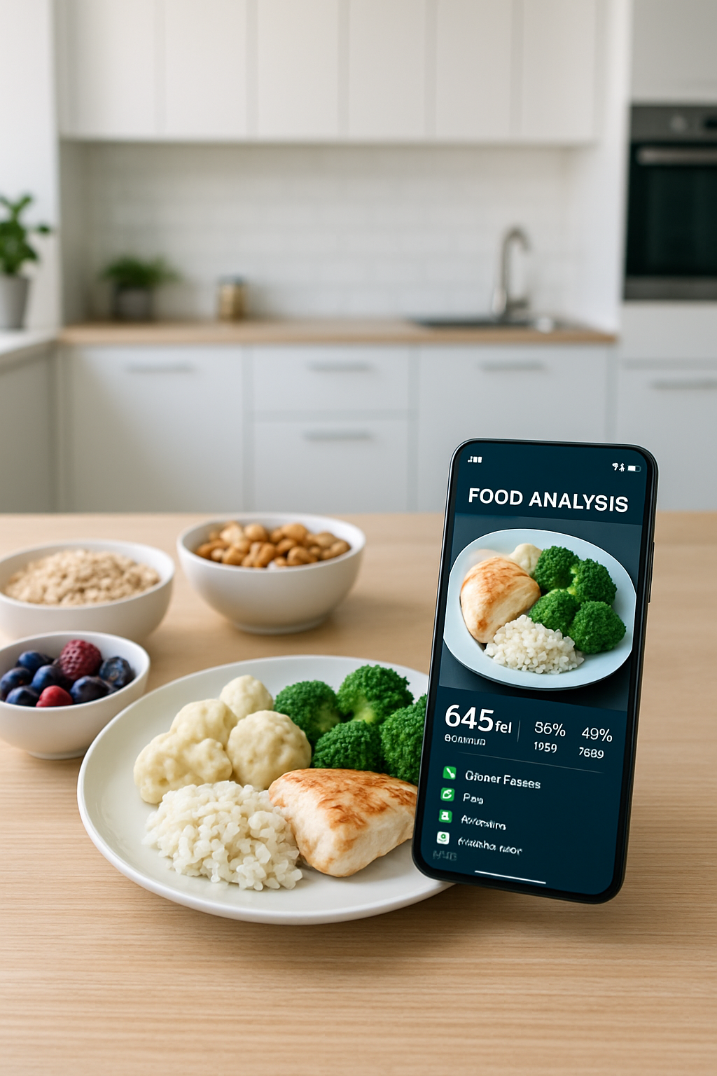 Athlete's meal of salmon and vegetables being analyzed by the SnapEat AI nutrition tracker app on a smartphone.