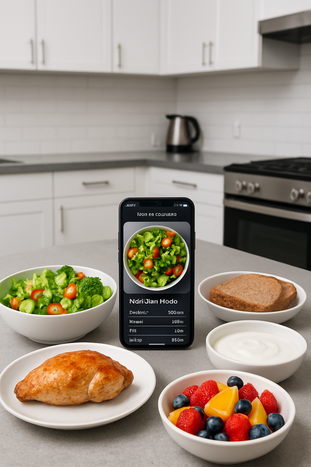 A smartphone using SnapEat's AI food recognition app to analyze a healthy meal on a plate