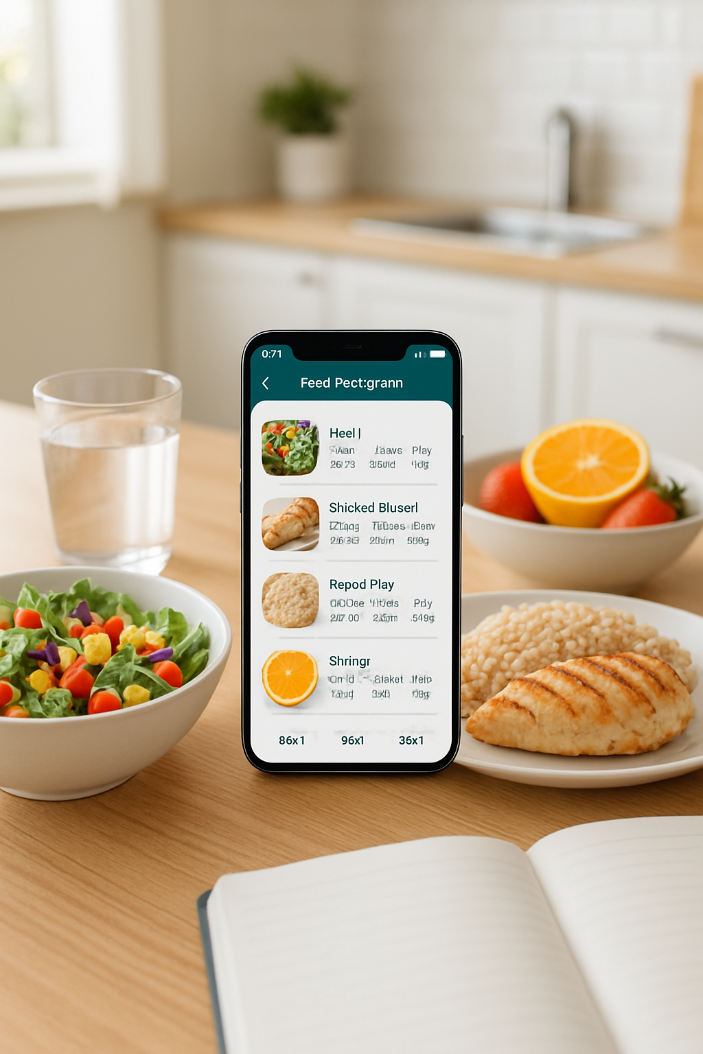 A smartphone showing the SnapEat AI app interface, which has analyzed a photo of a healthy meal and displayed its calorie and macro breakdown.