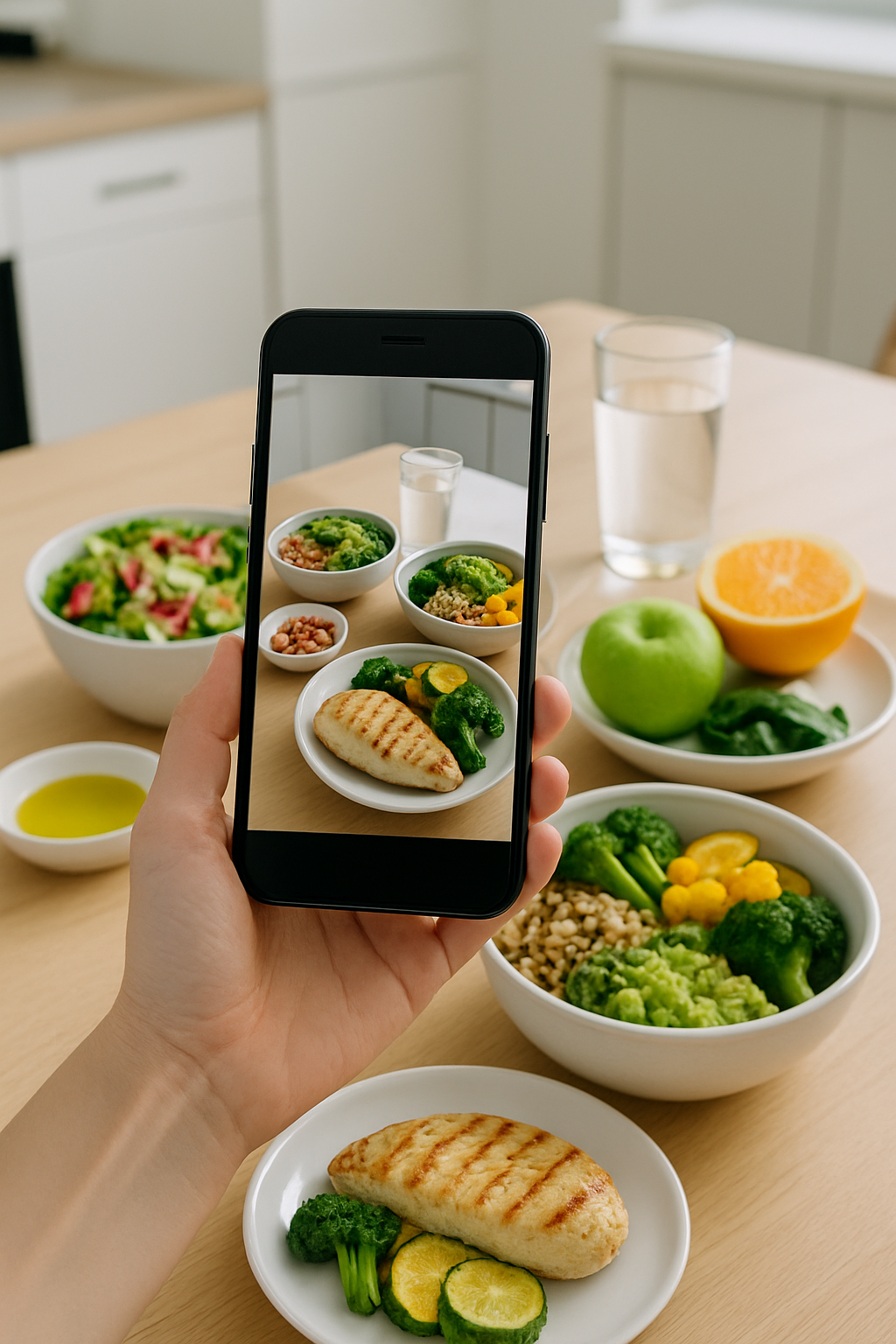 A smartphone displaying the SnapEat AI food tracking app, analyzing a photo of a healthy meal with salmon and vegetables.