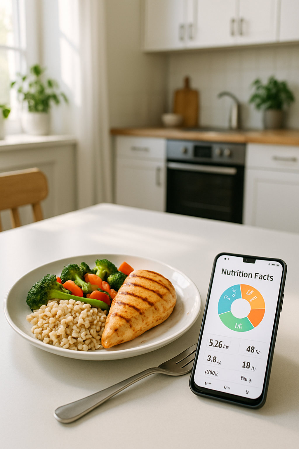 Smartphone showing the SnapAI Nutrition app using its food recognition camera to analyze a healthy meal of salmon and vegetables.