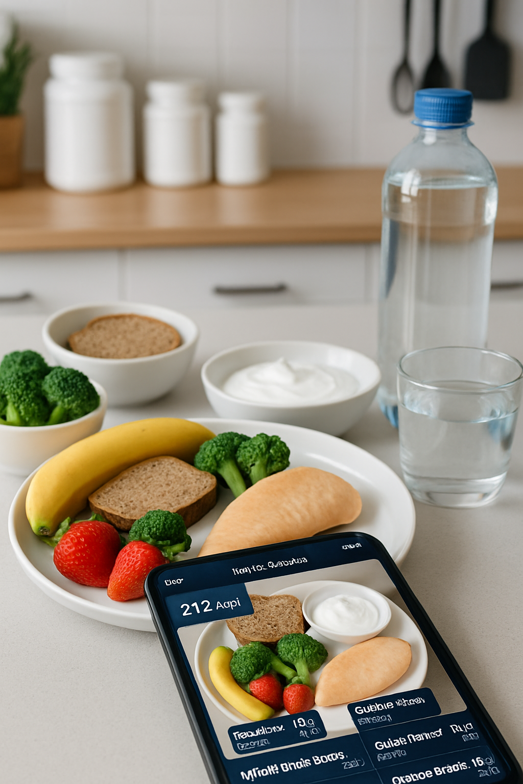 Smartphone showing the SnapEat AI nutrition tracker app analyzing a photo of a healthy meal with chicken and vegetables.