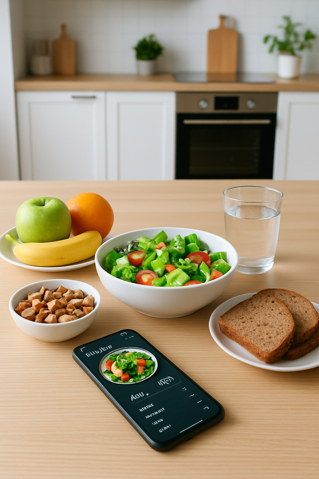 Smartphone screen showing the SnapEat AI meal tracker app analyzing a photo of a healthy salad to count calories and macros.