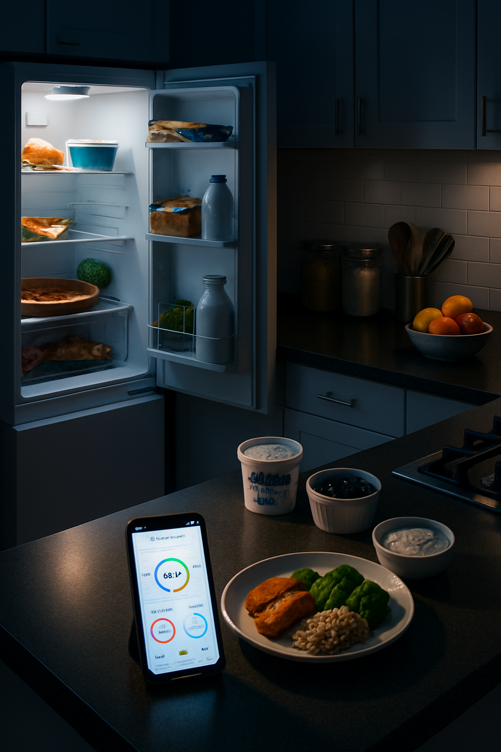 Smartphone running the SnapEat AI food tracker app, analyzing a plate of food with a spooky kitchen in the background to represent stopping late-night snacking.
