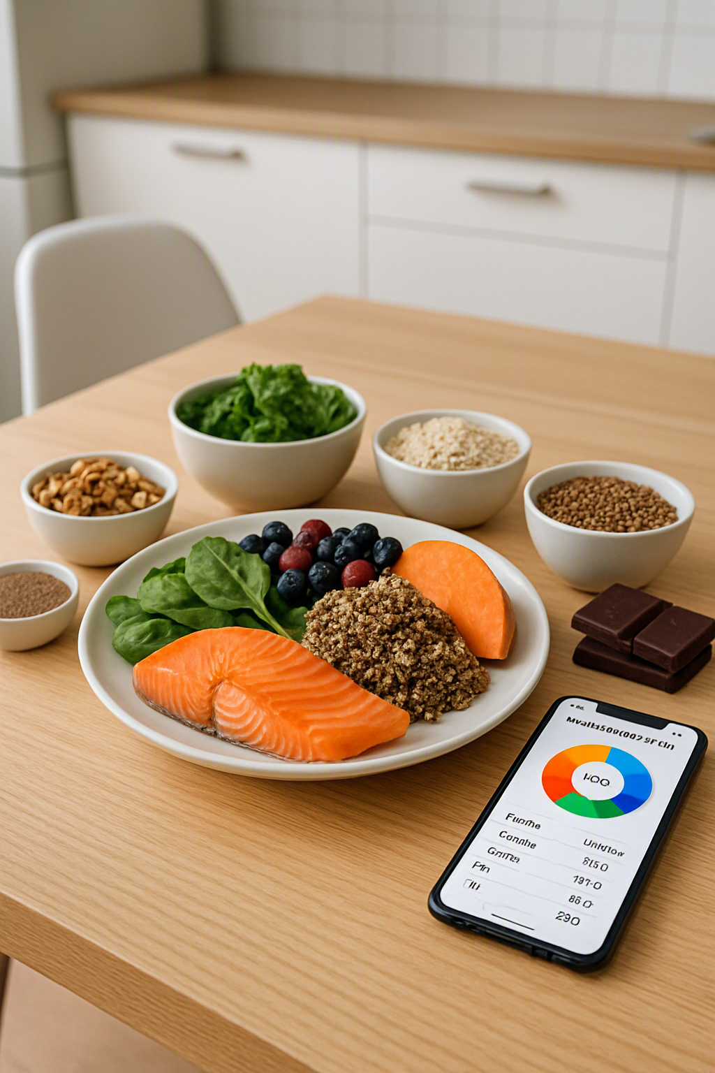A plate of healthy food including salmon, avocado, and berries, representing peak performance nutrition with the SnapEat AI app logo.