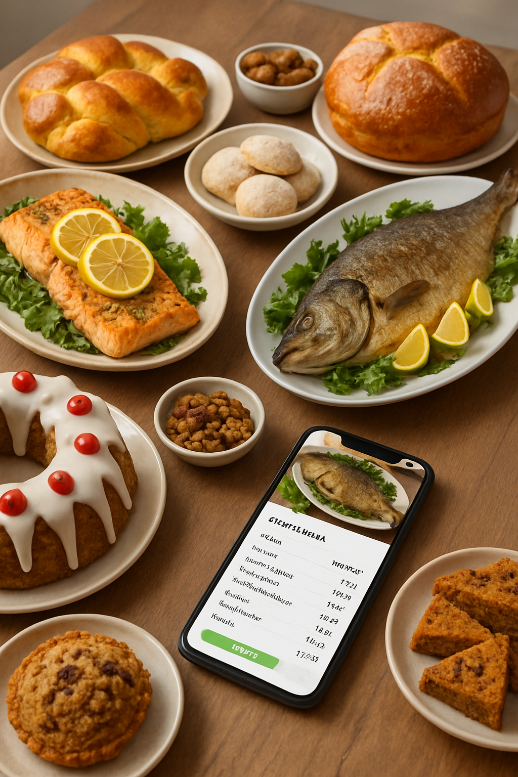 A festive Domingo de Ramos meal on a table with a smartphone showing the SnapEat AI food tracker app interface.