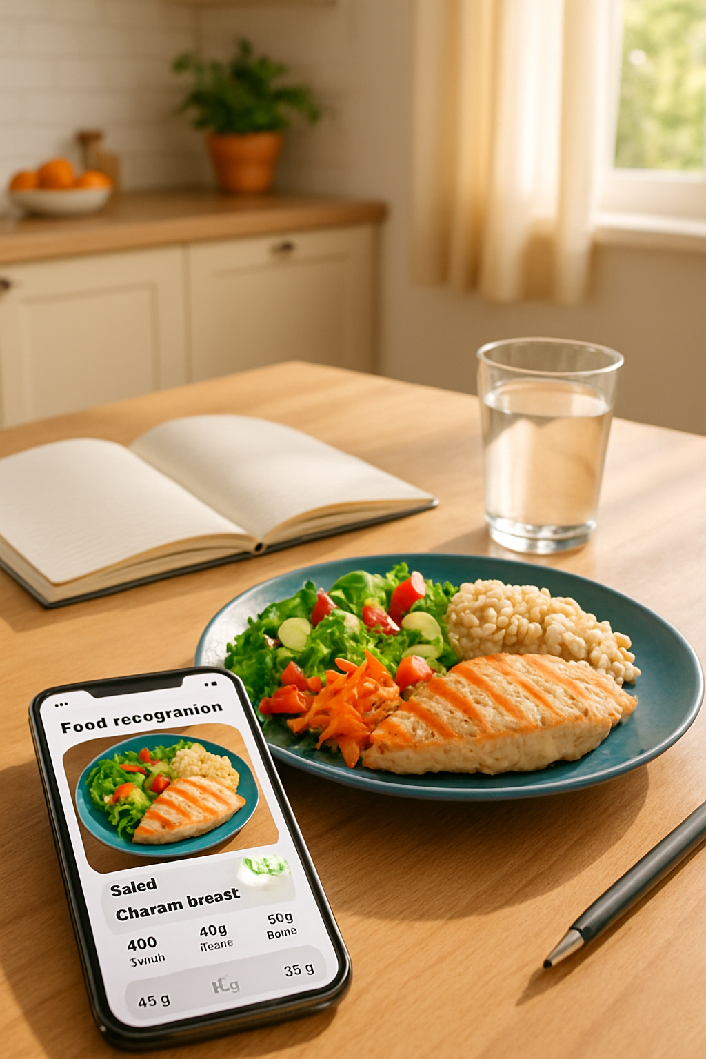 A vibrant, healthy meal being analyzed by the SnapEat AI smart food tracker app on a smartphone.