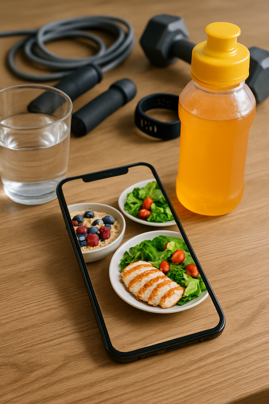 A smartphone using the SnapEat AI nutrition tracker app to analyze a healthy meal for sports performance.