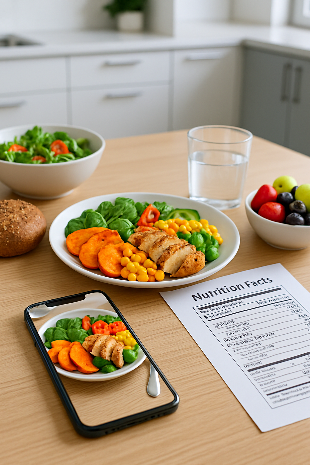 Smartphone showing the SnapEat AI food tracker app analyzing a healthy meal of salmon, broccoli, and quinoa.