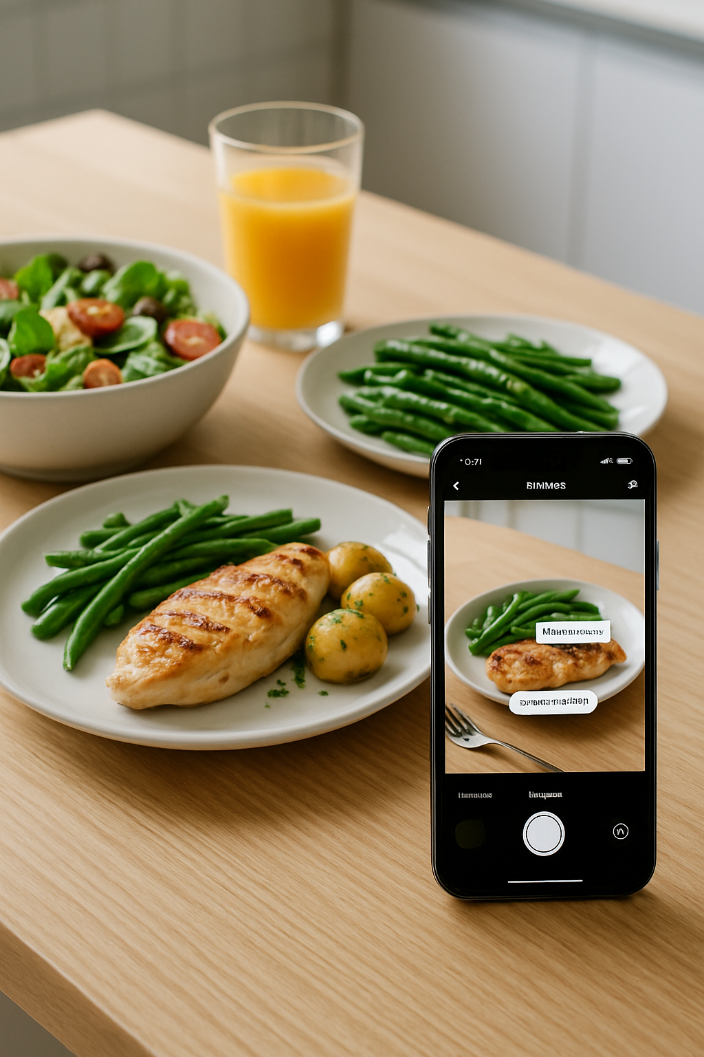 A smartphone displays the SnapEat AI nutrition tracker analyzing a photo of a healthy meal, showing how smart tools gamify health tracking.
