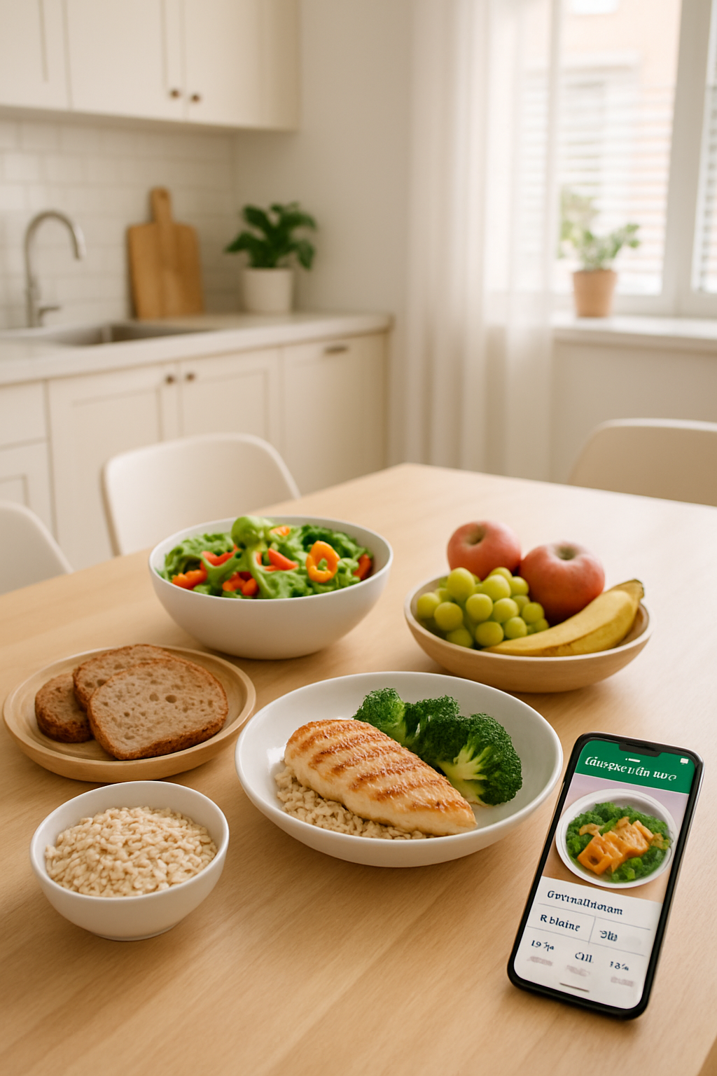 A smartphone running the SnapEat AI food tracker app, analyzing a photo of a healthy meal to show calories and macros.