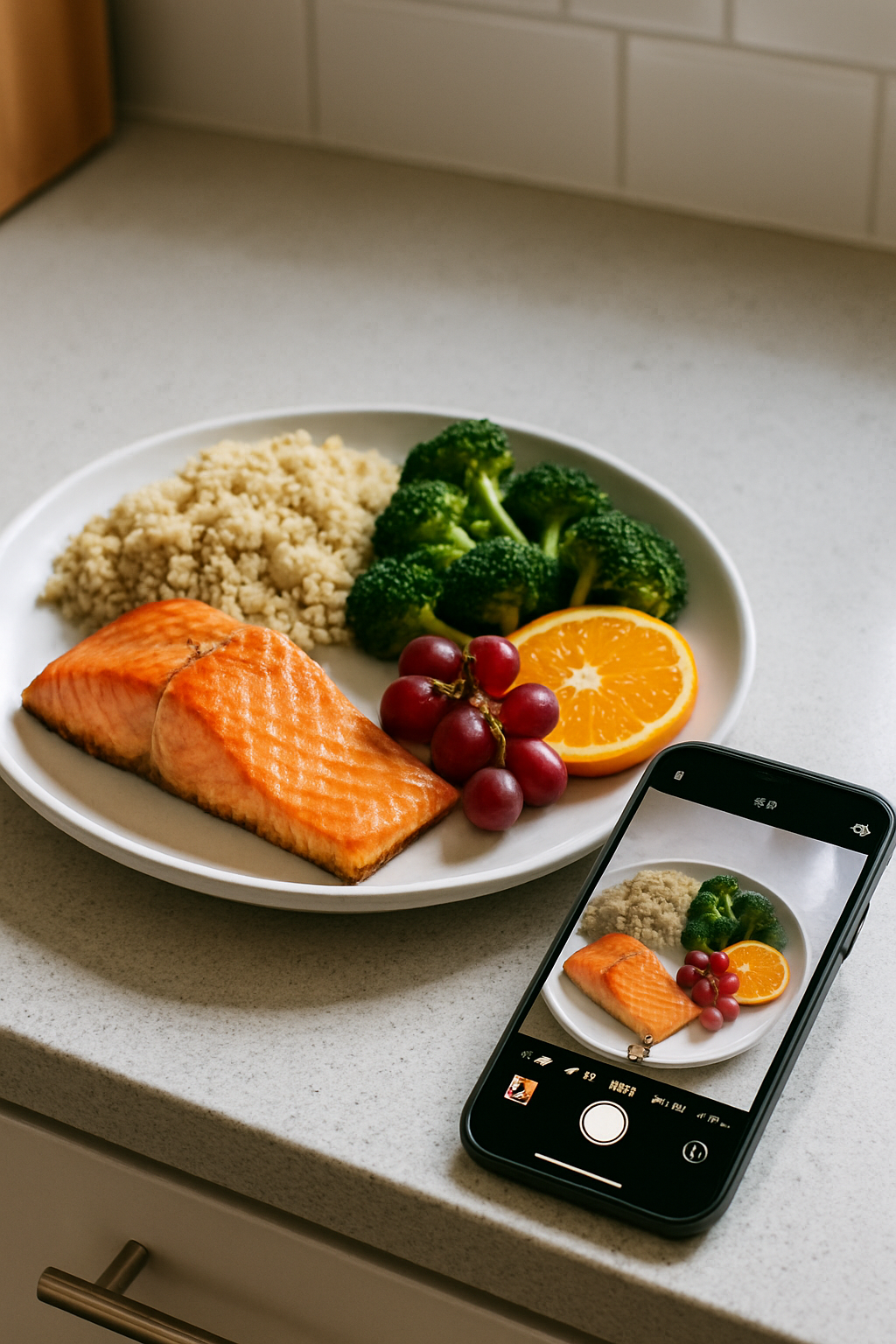 Smartphone displaying the SnapEat AI meal tracker app analyzing a photo of a healthy meal on a plate.