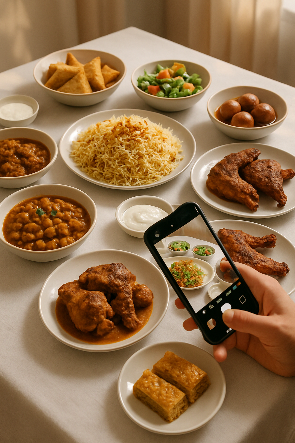 A plate of delicious Eid food like biryani and samosas, with a phone showing the SnapEat AI calorie tracking app analyzing the meal.