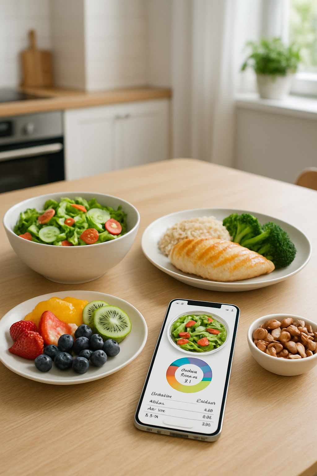Smartphone showing the SnapEat AI app analyzing a photo of a healthy meal with vegetables and chicken