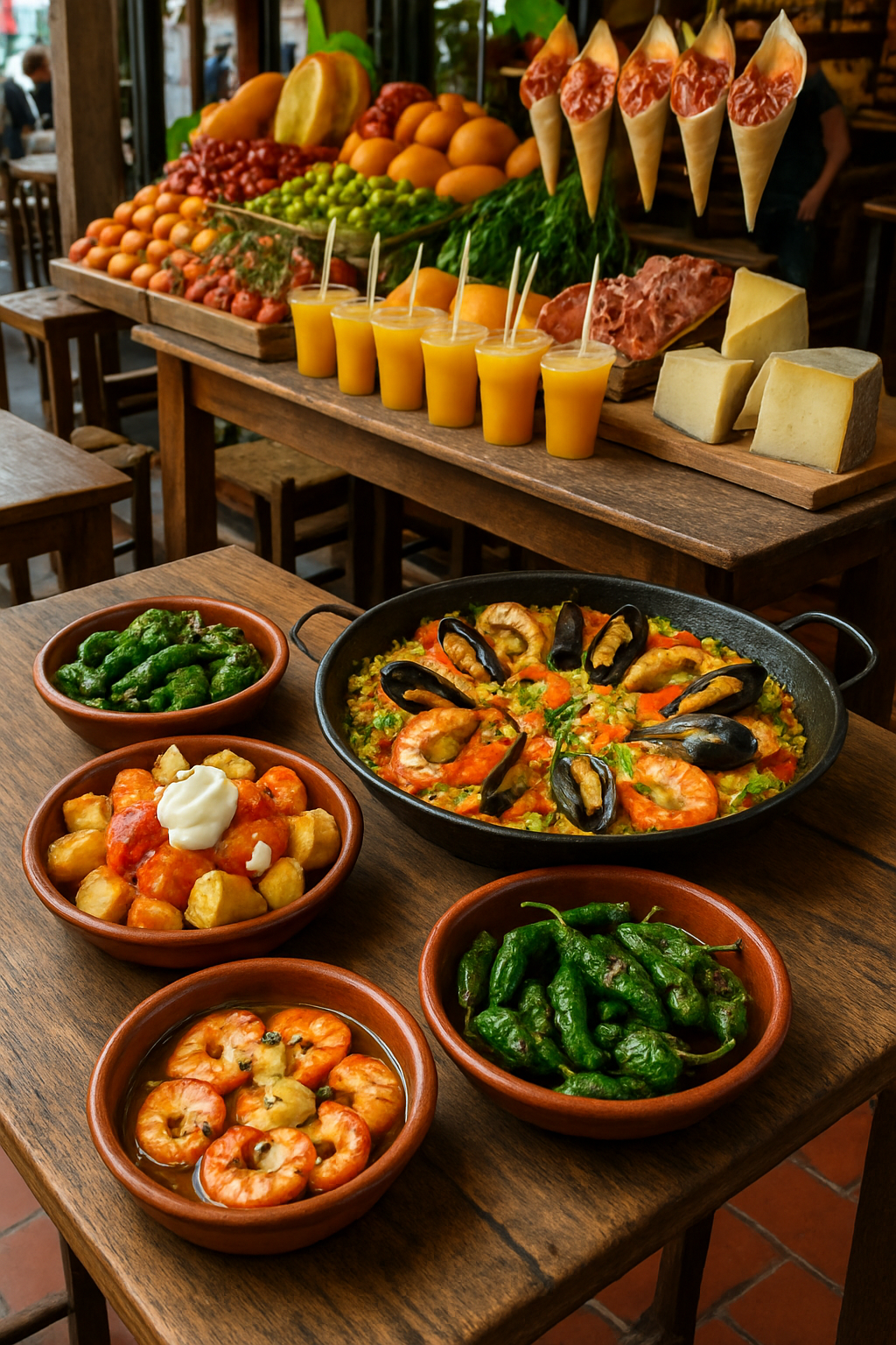 A smartphone displaying the SnapEat AI app interface over a delicious plate of seafood paella in a Barcelona restaurant.