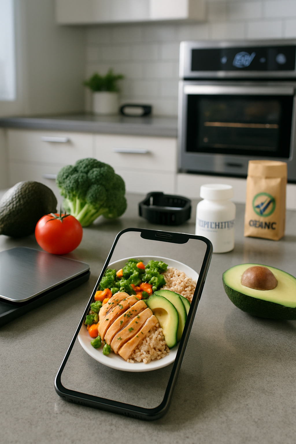 Smartphone showing the SnapEat AI app interface analyzing a bowl of salad with data overlays for smart nutrition tracking.