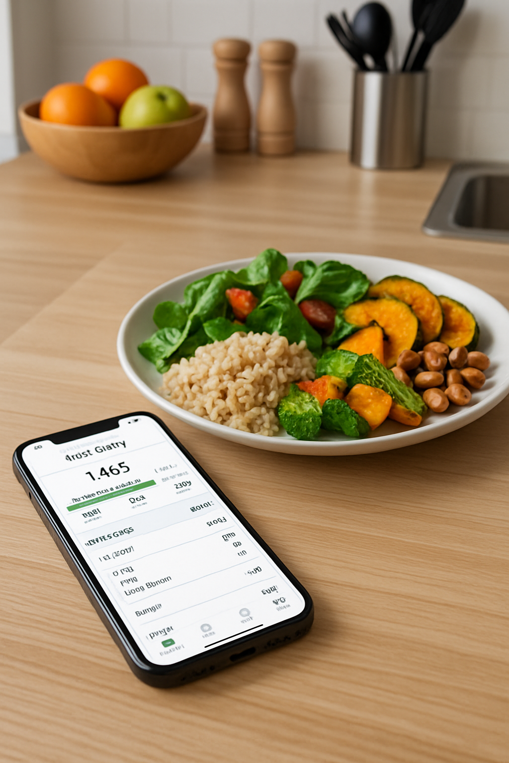 A smartphone showing the SnapEat AI food tracker app analyzing a photo of a healthy salmon and vegetable meal.