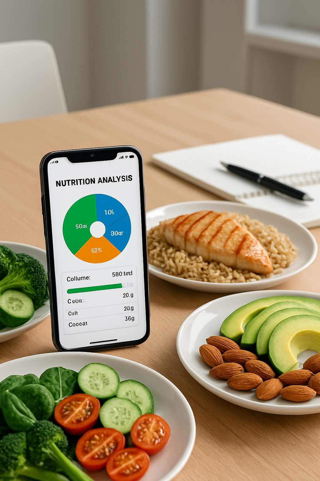 A smartphone displaying the SnapEat AI nutrition app analyzing a healthy meal, illustrating the concept of smart eating strategy.