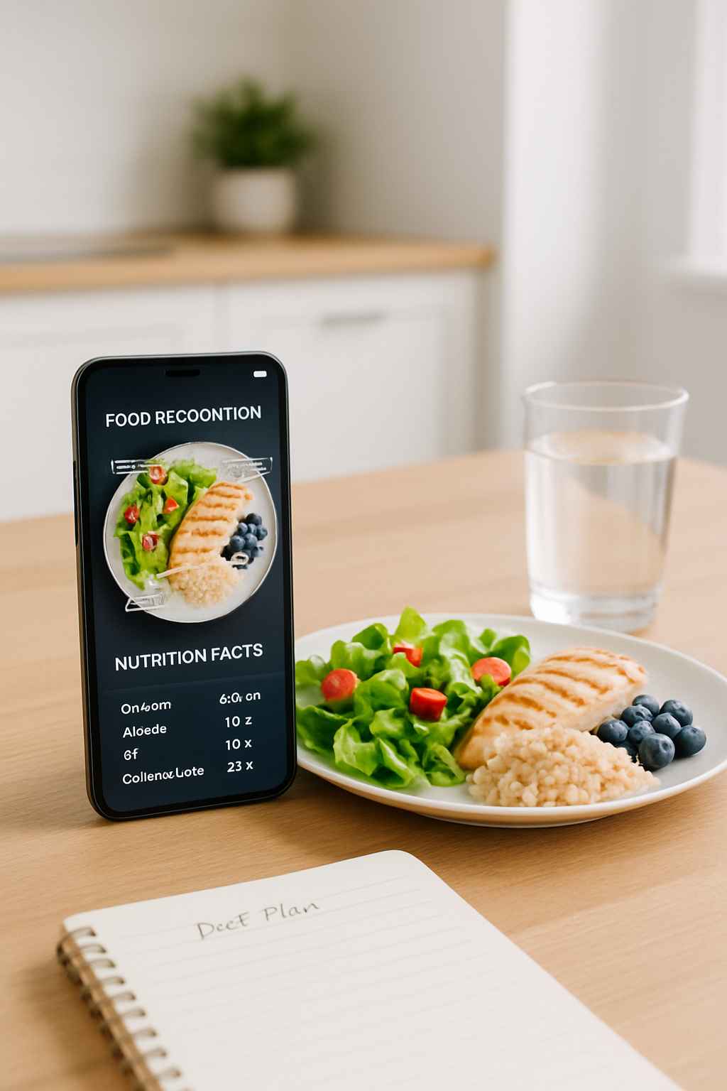 A smartphone using the SnapEat AI coach app to perform food recognition on a plate of salad and chicken for instant calorie tracking.