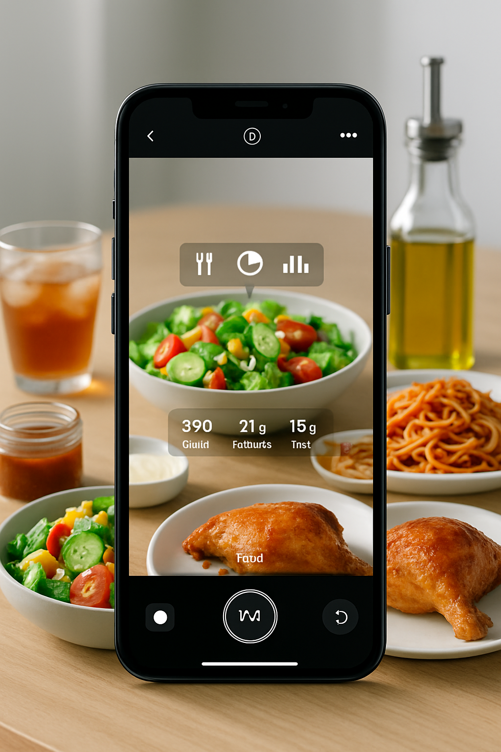 Smartphone screen showing the NutriPhoto AI nutrition tracker app analyzing a meal using its food tracking by photo feature.