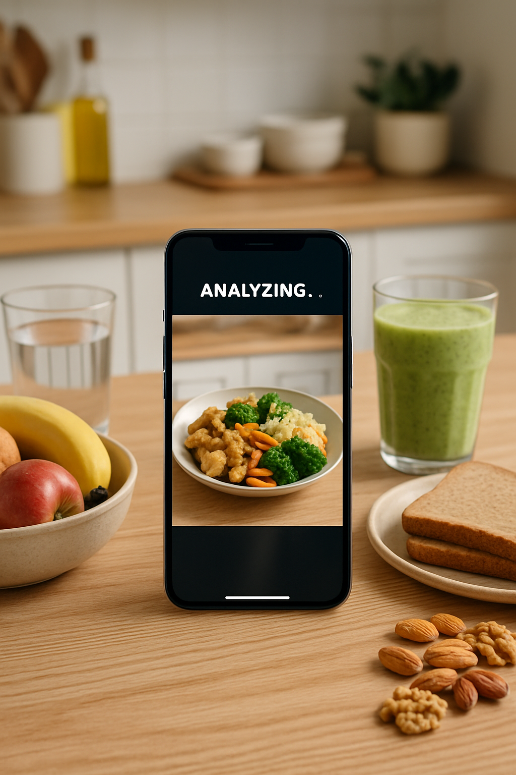 A happy mother using the SnapEat AI nutrition tracker app on her smartphone, a thoughtful Mother's Day wellness gift.