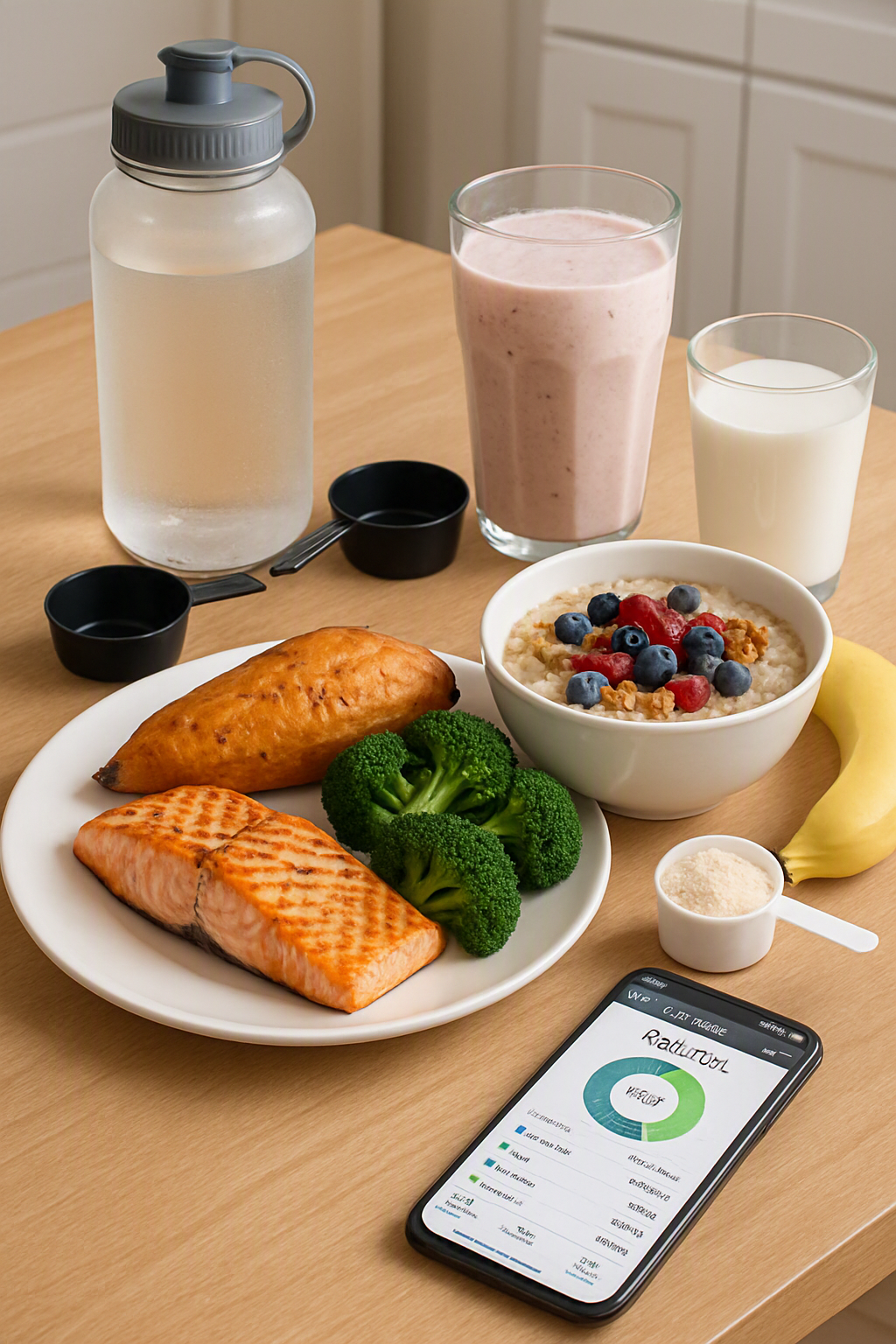 A winning meal of grilled salmon and sweet potato next to a smartphone displaying the SnapEat AI app interface, illustrating a performance nutrition plan.