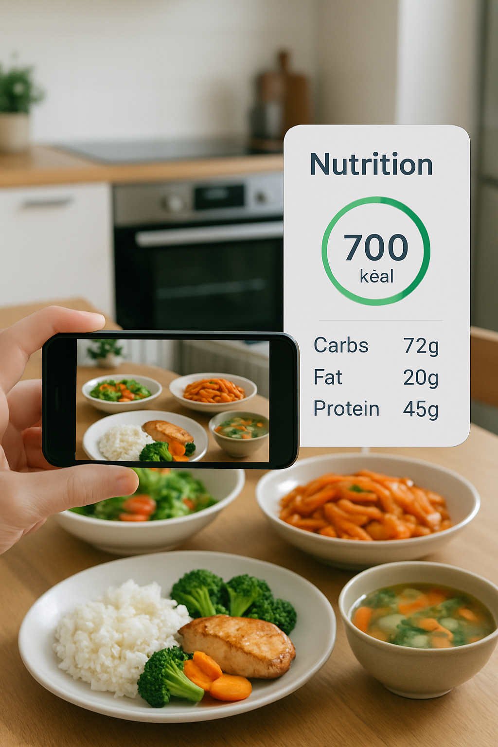 A smartphone displaying the SnapEat AI food recognition app analyzing a healthy meal of salmon and vegetables from a photo.