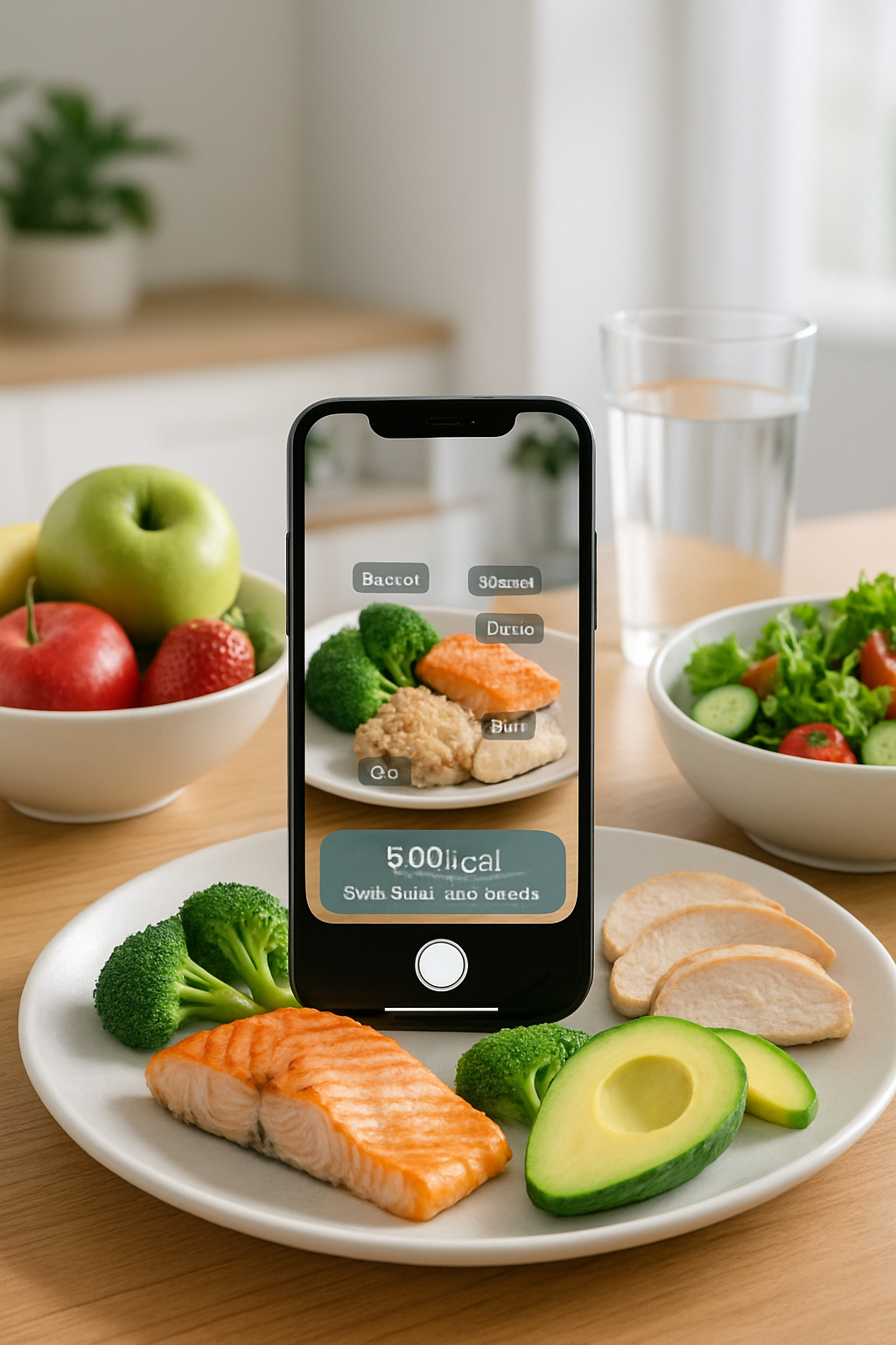 A smartphone showing the SnapEat AI food coach app next to a healthy meal, part of the #tetgiulua health journey challenge.
