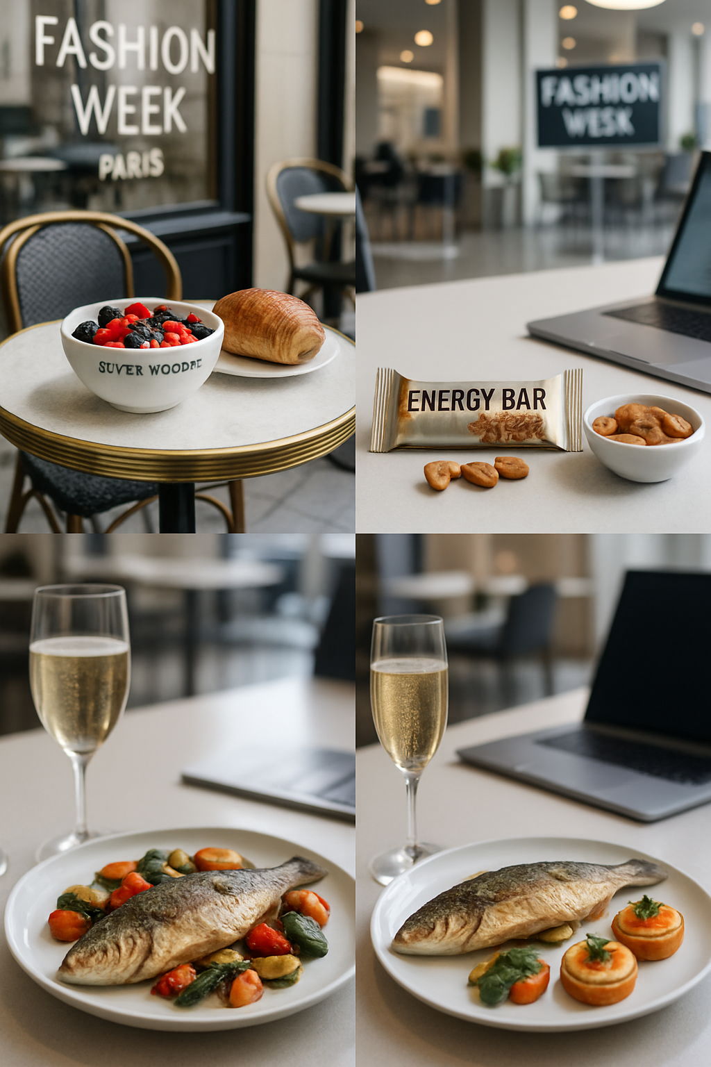 A person at Paris Fashion Week using the SnapEat AI nutrition coach app to analyze a healthy meal at a Parisian cafe.