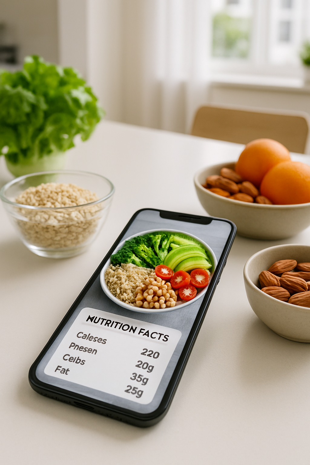 A smartphone showing the SnapEat AI smart calorie counter app analyzing a photo of a healthy salad.