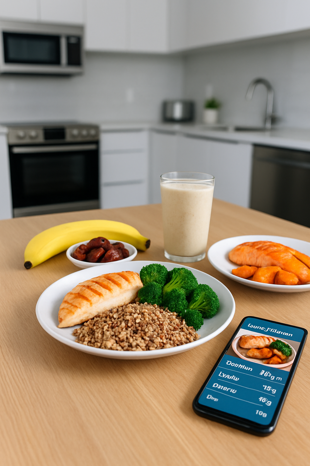 A plate with a healthy game day meal of grilled chicken, quinoa, and broccoli, with a phone showing the SnapEat AI nutrition tracker app.