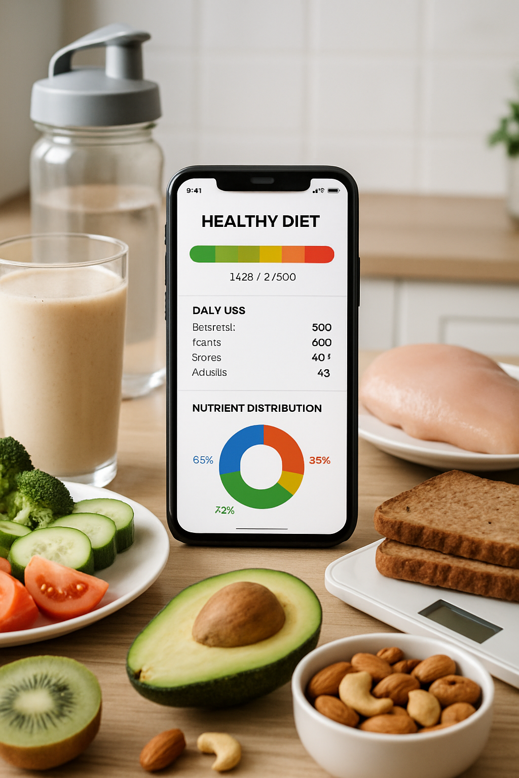User holding a phone with the SnapEat AI nutrition coach app, analyzing a healthy meal of salmon and vegetables