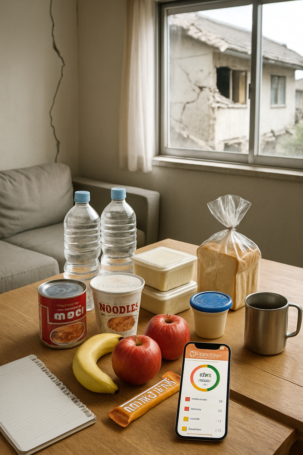 A bowl of healthy food with a smartphone showing the SnapEat AI app, symbolizing nutrition tracking during the Japan earthquake emergency