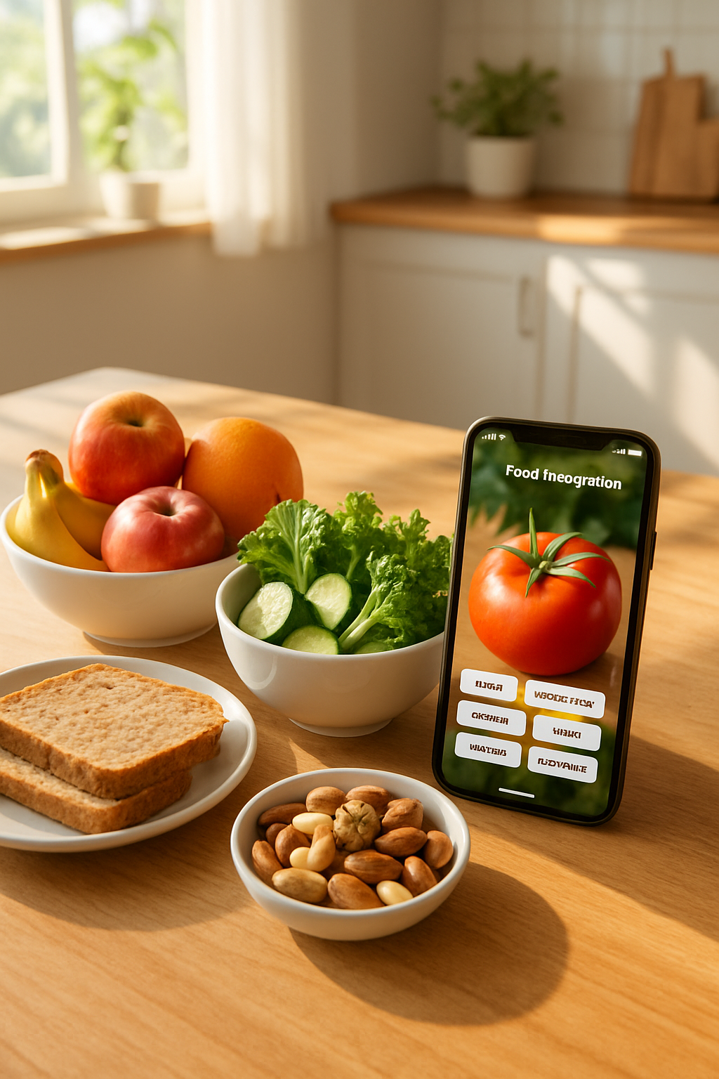A smartphone displays the SnapEat AI nutrition tracker interface, analyzing a photo of a healthy meal to achieve health goals.