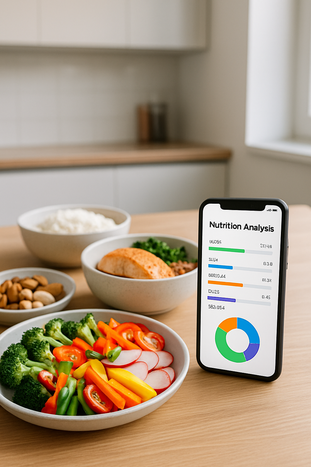 A smartphone showing the SnapEat AI nutrition tracker app analyzing a healthy meal of salmon and vegetables.