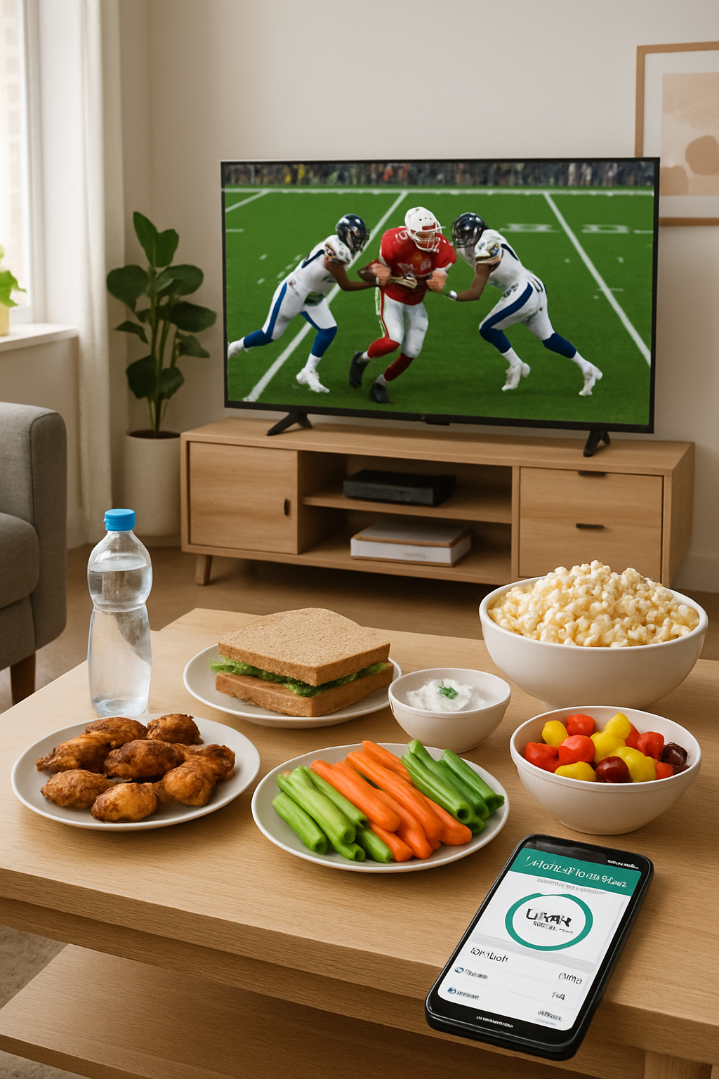 A plate of healthy game day snacks like baked wings and veggie dip being analyzed by the SnapEat AI nutrition coach app.