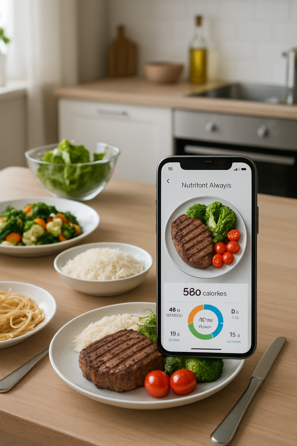 A smartphone displaying the SnapEat AI app interface, showing a nutritional breakdown of a meal next to the actual plate of food.