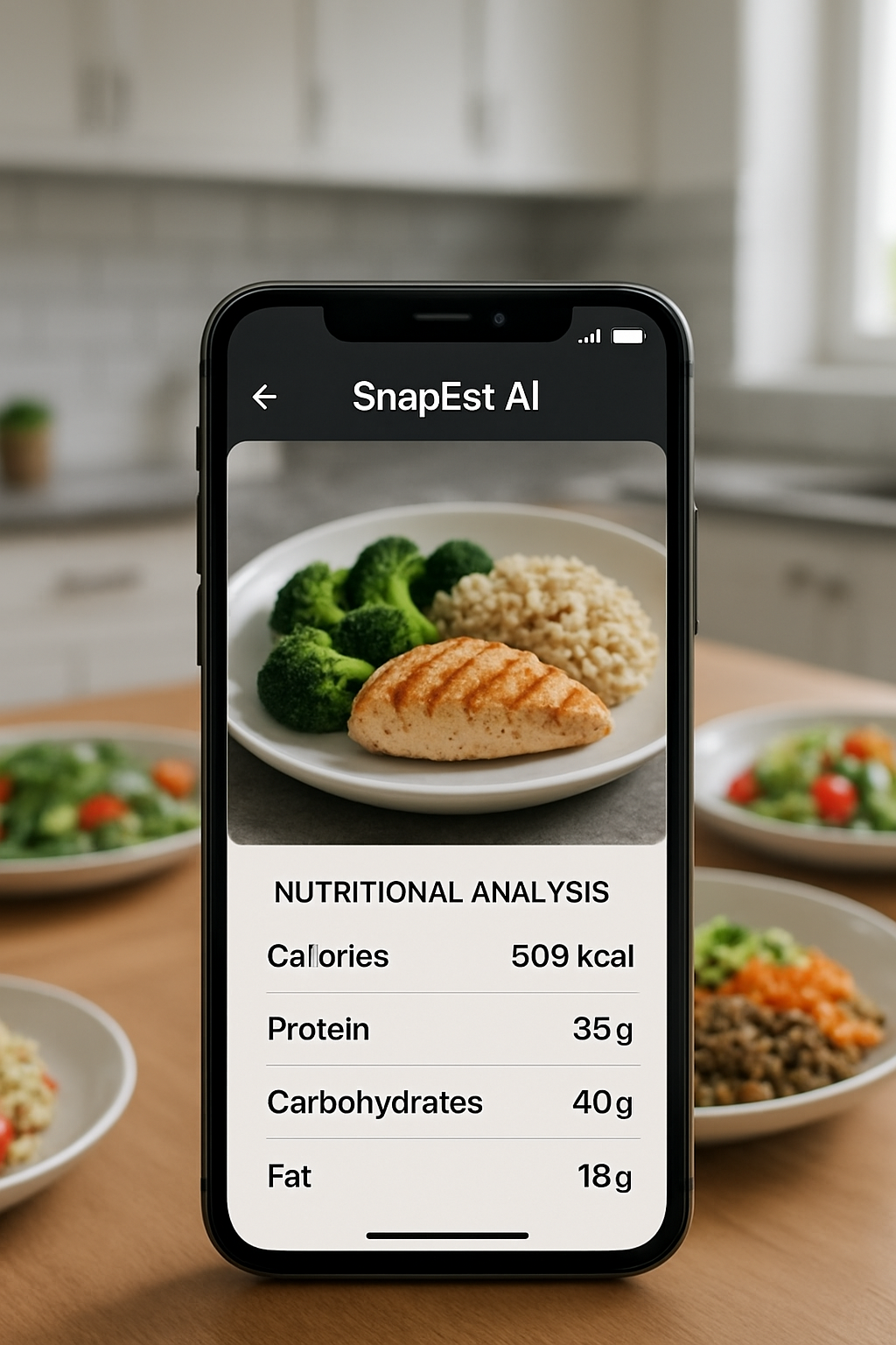 A smartphone running the SnapEat AI app, demonstrating how it tracks nutrition by taking a photo of a meal with chicken and vegetables.